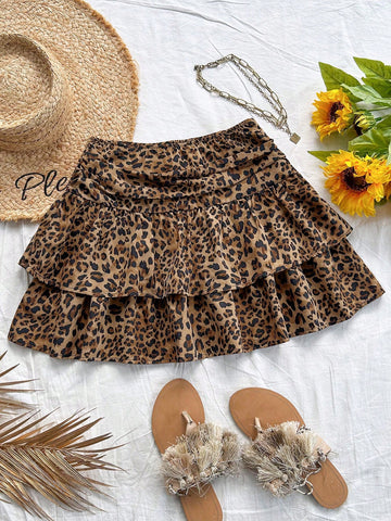 Falda mini casual con volantes de doble capa y pliegues con estampado de leopardo vintage para mujer