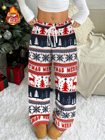 Pantalones rectos holgados con estampado gráfico de peluche navideño