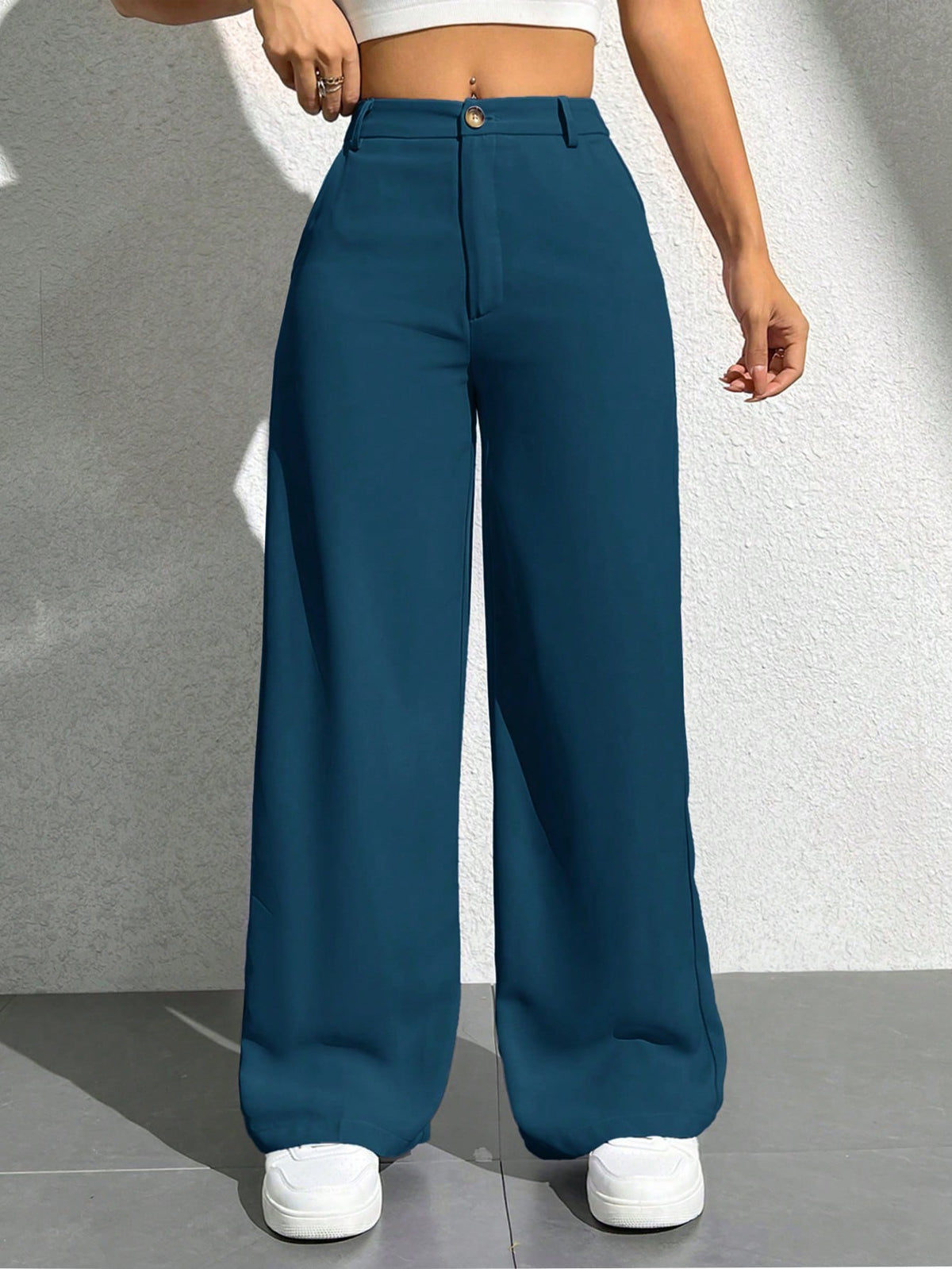 Pantalones anchos de pierna ancha con bolsillos lisos y casuales