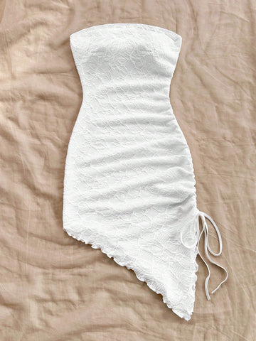 Vestido ceñido de Body entero blanco con textura, sin tirantes, con volante, con cordón ajustable en los laterales