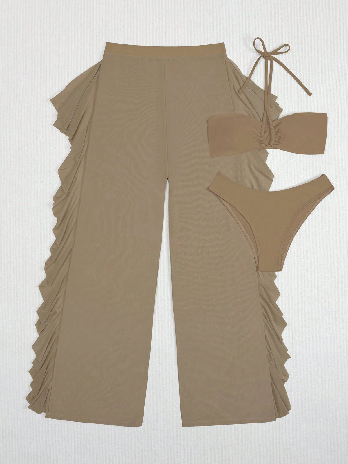 Bikini con top inalámbrico cruzado en el cuello y Bottom de corte alto, pantalón de cobertura de malla, 3 piezas