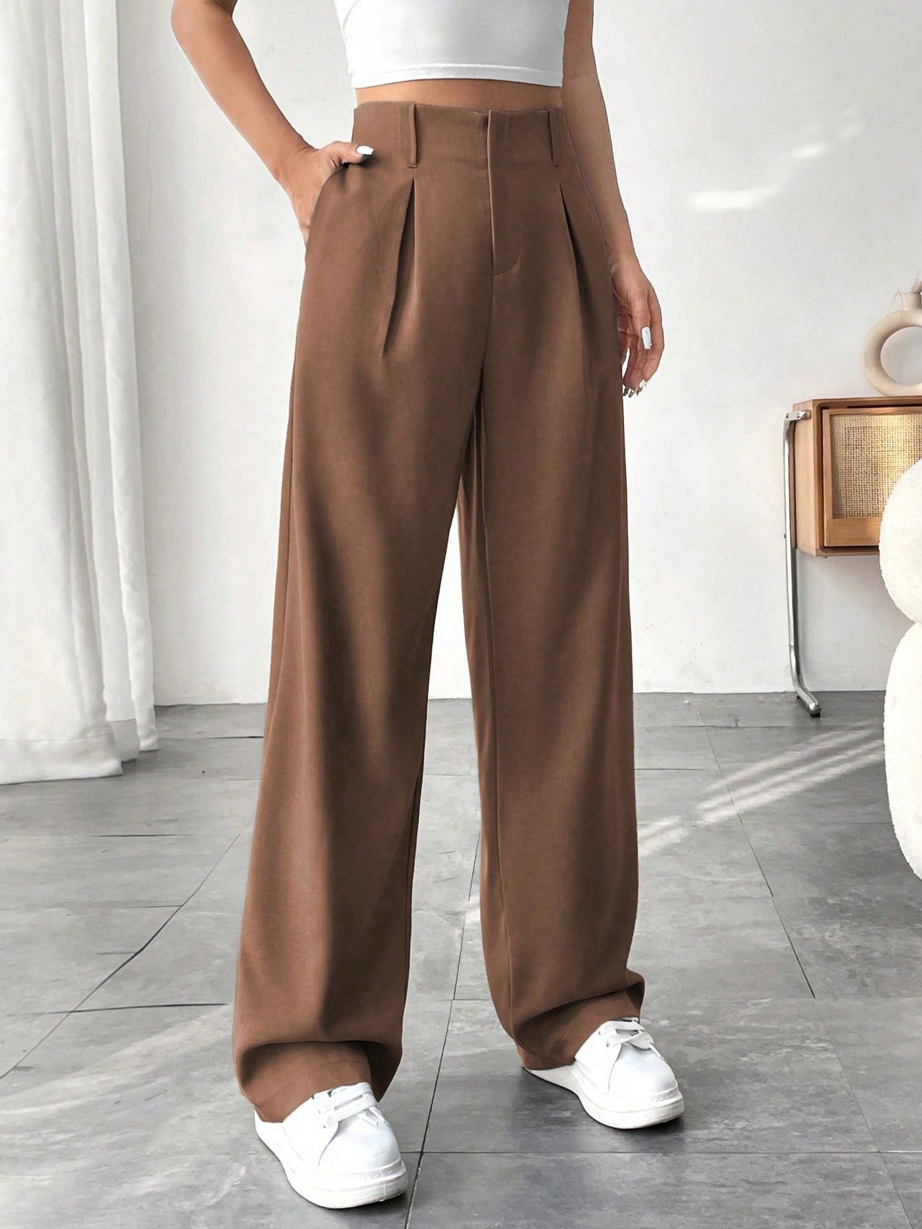 Pantalones rectos de unicolor casuales para mujer Brown Petite XXS