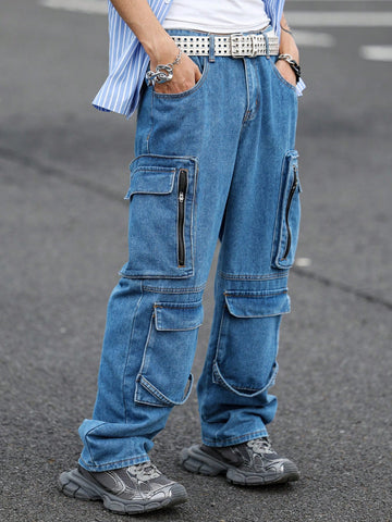 Pantalones vaqueros casuales de pierna ancha con bolsillo de carga holgados para hombre