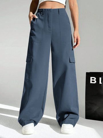Pantalones De Carga De Pierna Ancha Y Color Sólido Con Bolsillos Inclinados