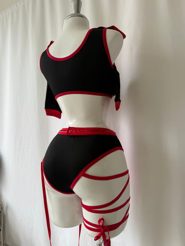 Disfraz ninja lame (top, Panty, ligueros, delantal, mangas)