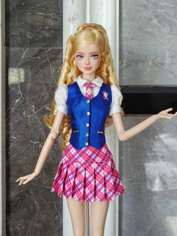 Disfraz Barbie escuela de princesa (chaleco, camisa, falda, corbata, corona)