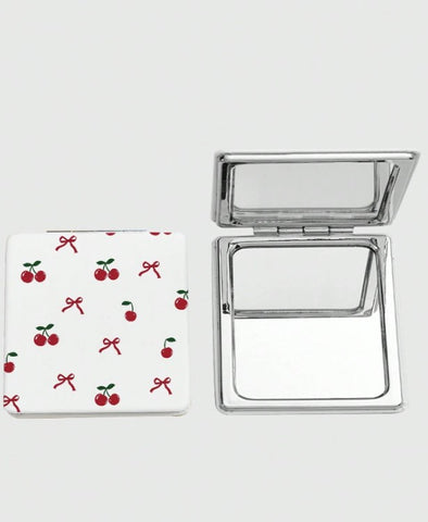 Espejo de maquillaje cuadrado con estampado de lazo rosado y corazón, espejo portátil de mano