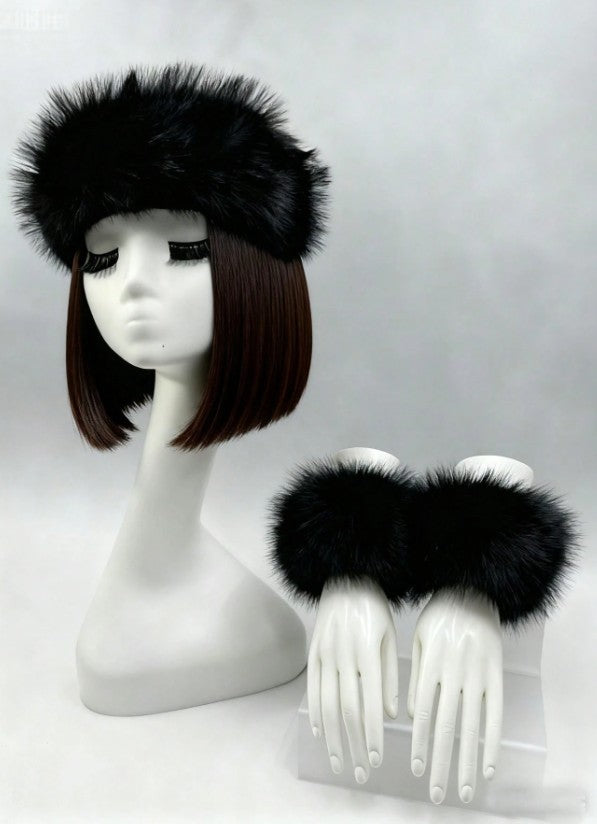 Gorro de punto de unicolor y puños de acrílico esponjoso, con ribete esponjoso