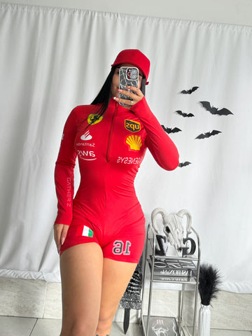 Disfraz fórmula 1 mujer ref 01(enterizo y gorra)