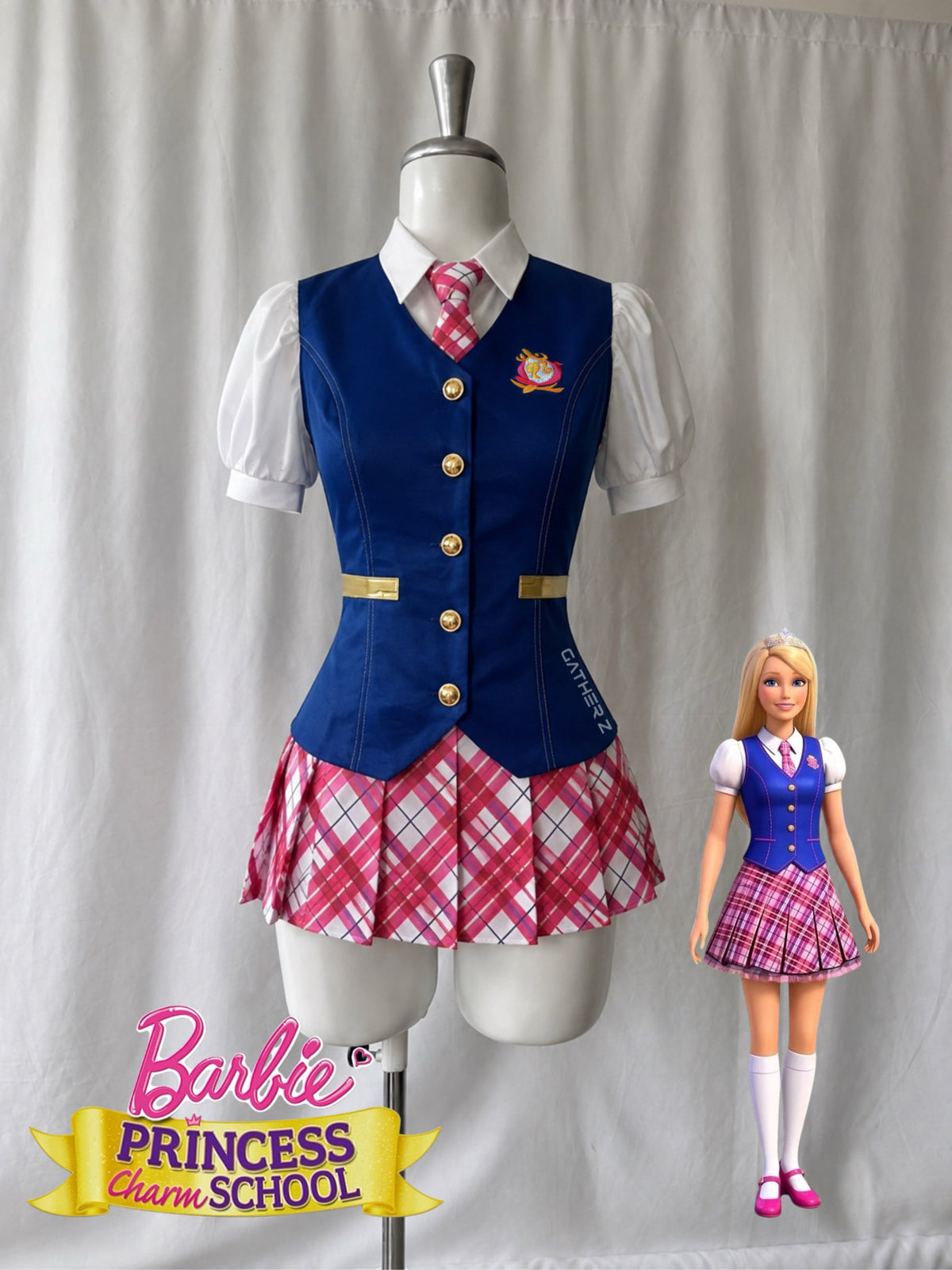 Disfraz Barbie escuela de princesa (chaleco, camisa, falda, corbata, corona)