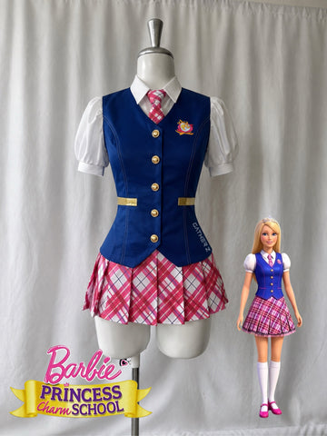 Disfraz Barbie escuela de princesa (chaleco, camisa, falda, corbata, corona)