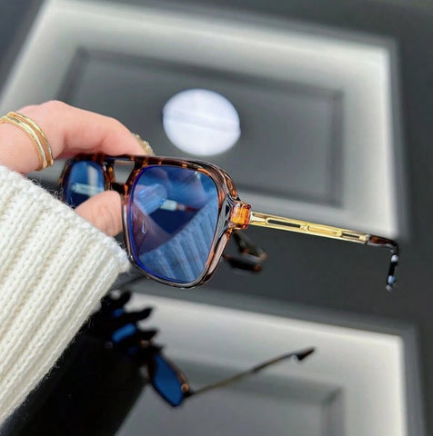 Gafas de moda metálicas con forma cuadrada de Leopardo azul