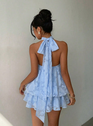 Vestido mini elegante con cuello halter y lazo para mujer