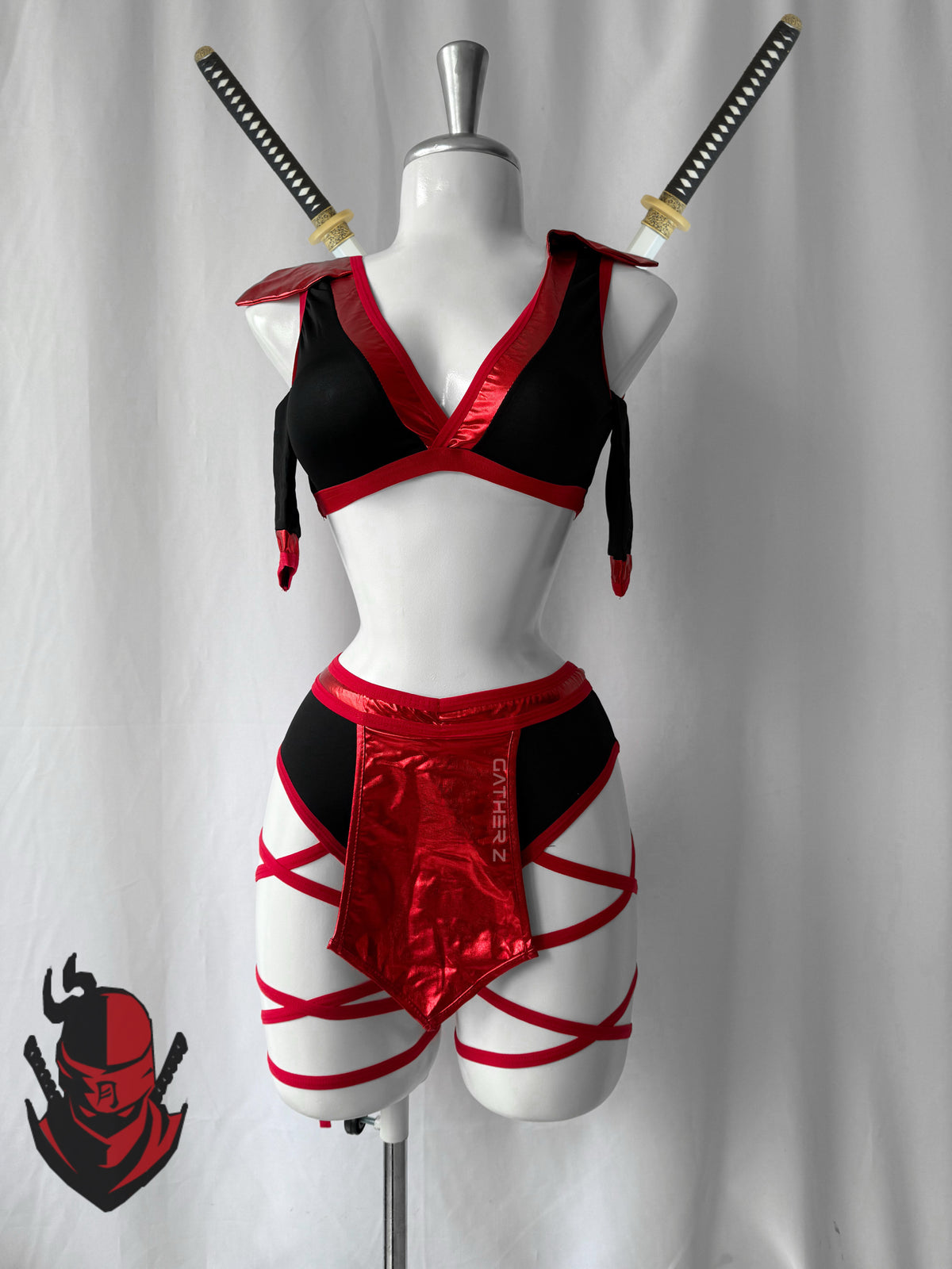 Disfraz ninja lame (top, Panty, ligueros, delantal, mangas)