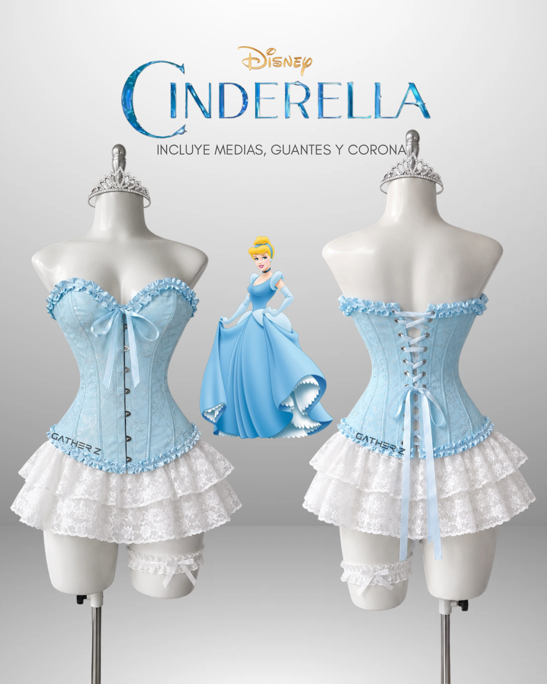 Disfraz cenicienta (corset, guantes, falda, medias, corona )
