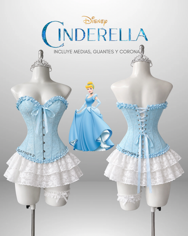 Disfraz cenicienta (corset, guantes, falda, medias, corona )