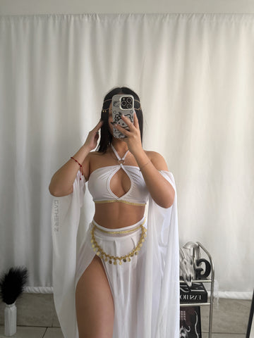 Diosa griega 2 piezas top, panty, mangas, falda, accesorio cintura