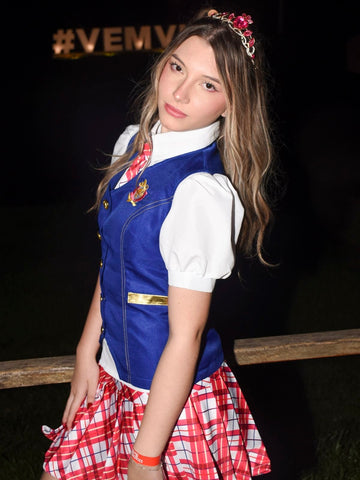 Disfraz Barbie escuela de princesa (chaleco, camisa, falda, corbata, corona)