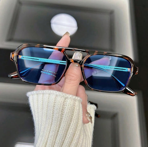 Gafas de moda metálicas con forma cuadrada de Leopardo azul