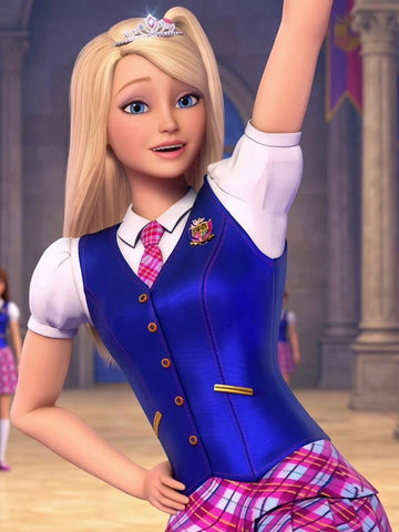 Disfraz Barbie escuela de princesa (chaleco, camisa, falda, corbata, corona)