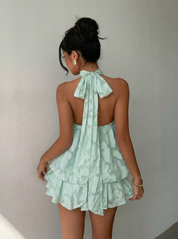 Vestido mini elegante con cuello halter y lazo para mujer