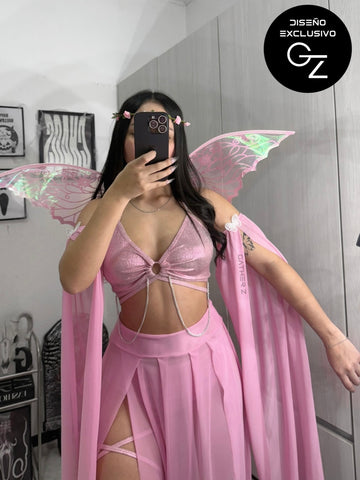 Disfraz hada ref exclusiva GZ (top, mangas, falda, panty, liguero, alas)