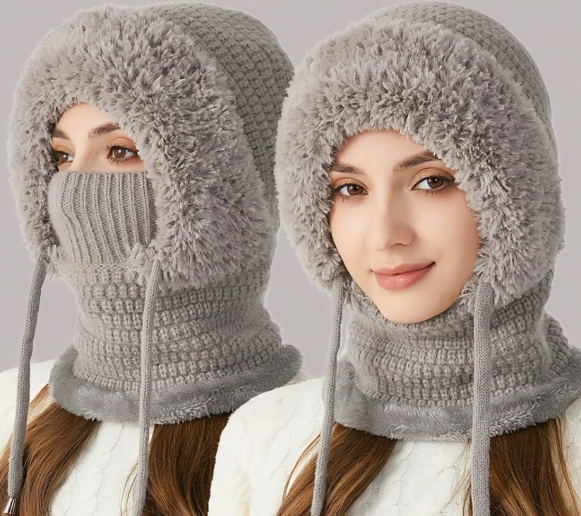 Gorro de punto con forro de felpa WarmthMax, a prueba de viento, aislamiento térmico, protección de orejeras, capucha y braga para el cuello, esencial para ciclismo al aire libre en clima frío