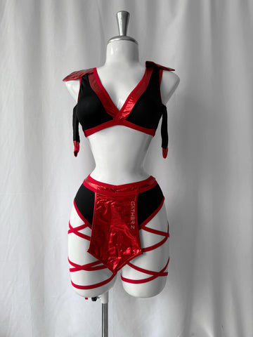 Disfraz ninja lame (top, Panty, ligueros, delantal, mangas)