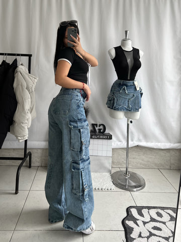 Jean doble cargo con tiras azul