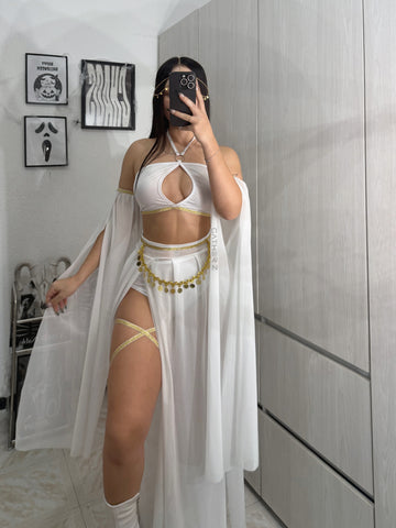 Diosa griega 2 piezas top, panty, mangas, falda, accesorio cintura