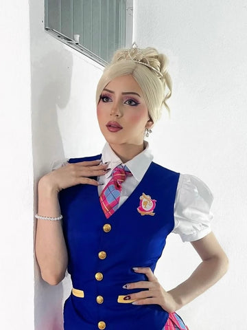 Disfraz Barbie escuela de princesa (chaleco, camisa, falda, corbata, corona)