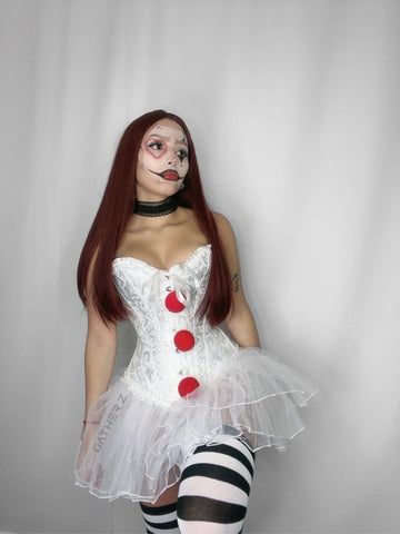 Disfraz payasa corset con pompones, medias y falda