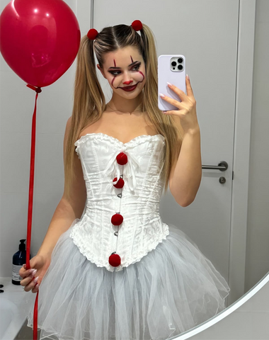 Disfraz payasa corset con pompones, medias y falda