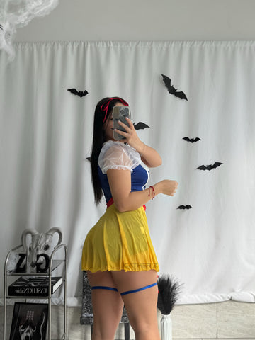 Disfraz Blanca Nieves (vestido, ligas, moño)