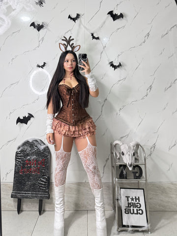 Disfraz pareja Bambi y cazador (corset, short, mangas, oversize hombre , gorra)