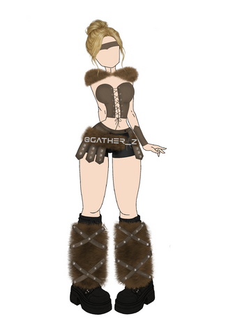 Disfraz vikinga exclusivo GZ (Chal, polainas,muñequeras, corset, falda, short, cinturón).