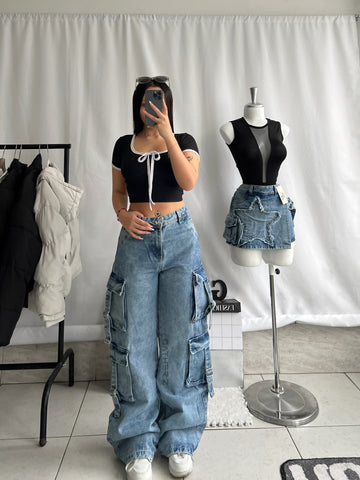 Jean doble cargo con tiras azul