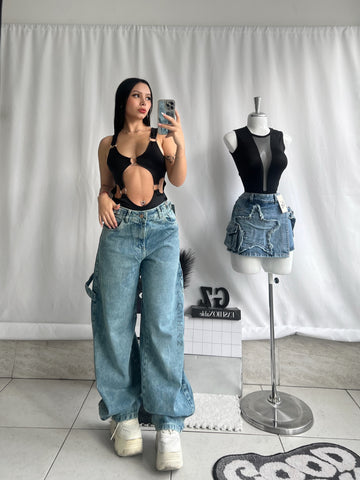 Baggy carpintero azul claro con ajuste