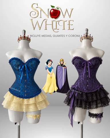 Disfraz Blanca Nieves y villana ref 02 (corset, corona, guantes, medias, falda)