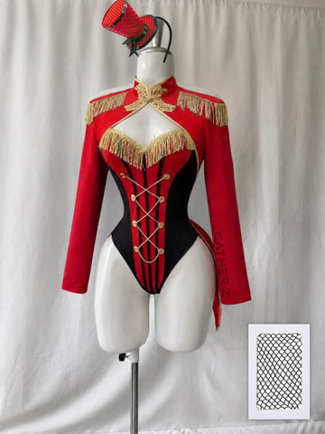 Disfraz domadora circo (body, chaqueta, sombrero, medias malla)