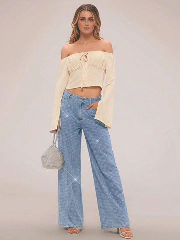 Jeans de brillos wide leg 1 cara