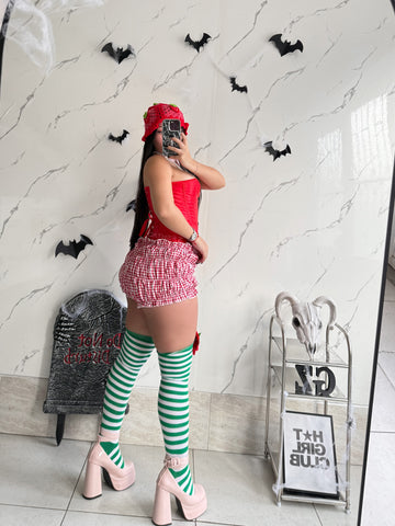 Disfraz rosita fresita (corset, short, medias, moños , gorro)