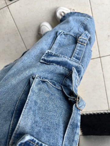 Jean doble cargo con tiras azul