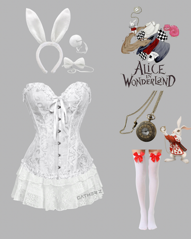 Disfraz conejo blanco alicia en el país de las maravillas (corset, orejas, moño, cola, medias, reloj)