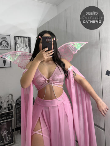 Disfraz hada diseño exclusivo GZ (top, mangas, falda, panty, ligueros)
