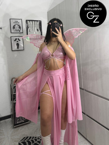 Disfraz hada ref exclusiva GZ (top, mangas, falda, panty, liguero, alas)