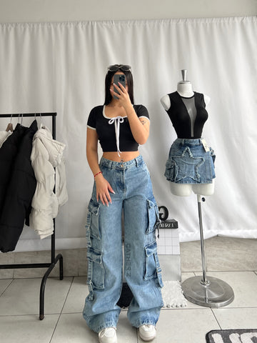 Jean doble cargo con tiras azul