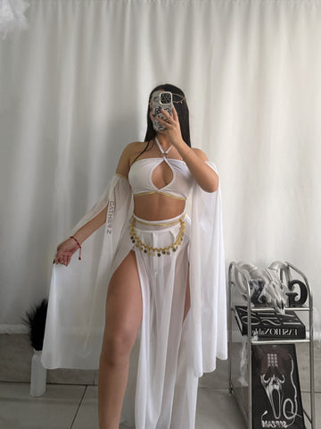 Diosa griega 2 piezas top, panty, mangas, falda, accesorio cintura