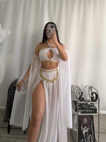 Diosa griega 2 piezas top, panty, mangas, falda, accesorio cintura