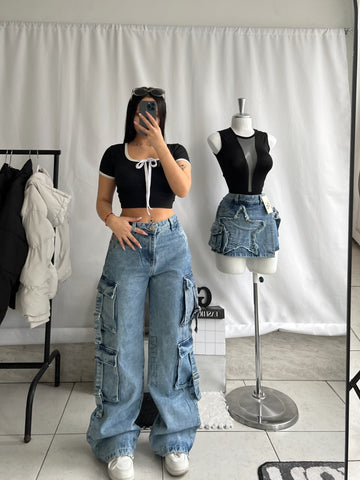 Jean doble cargo con tiras azul